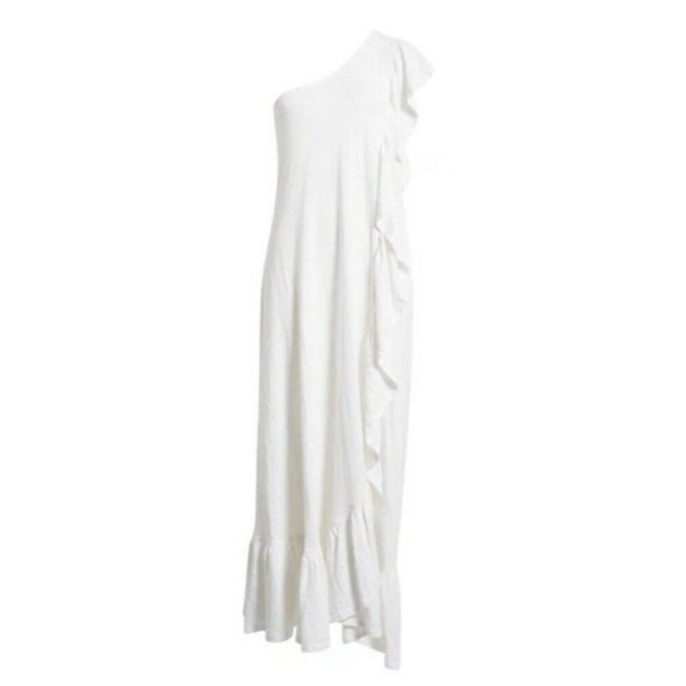 Elisa Slub Cotton White Maxi Dress Ruffled One Shoulder Dress Medium - Picture 9 of 16